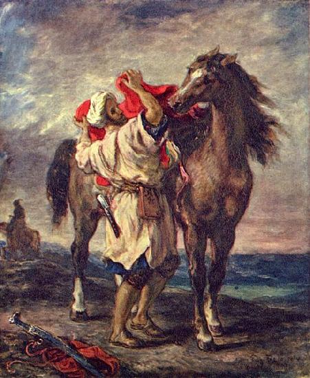 Eugene Delacroix Marokkaner beim Satteln seines Pferdes oil painting picture